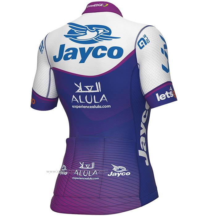 2023 Maillot Cyclisme Femme Jayco Alula Violet Blanc Manches Courtes et Cuissard